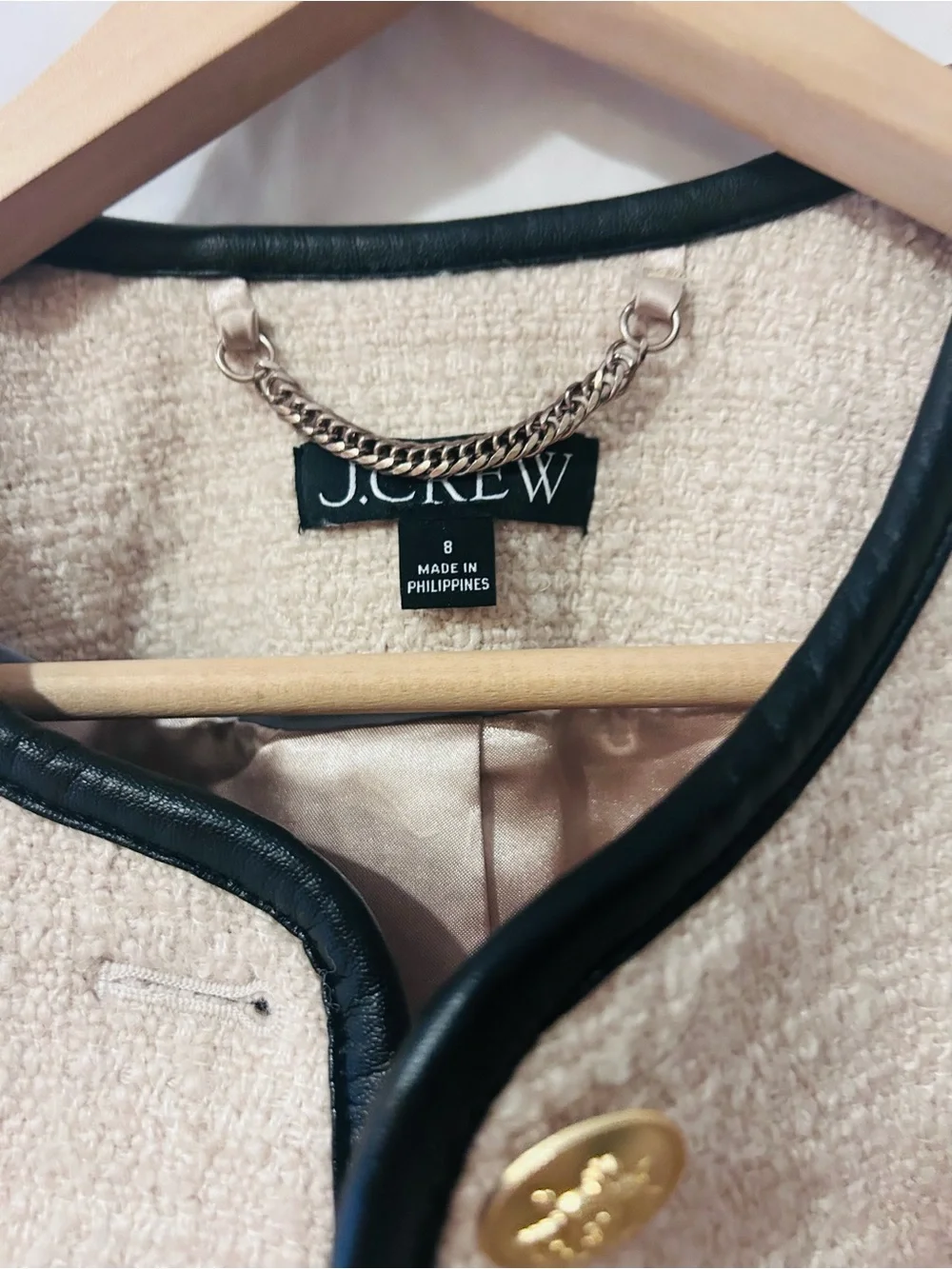 J. Crew Cream Bouclé Jacket with Black Trim and Gold Buttons